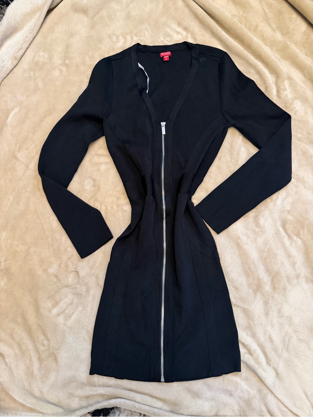 GUESS Black Long-Sleeve Zip-Front Bodycon Dress